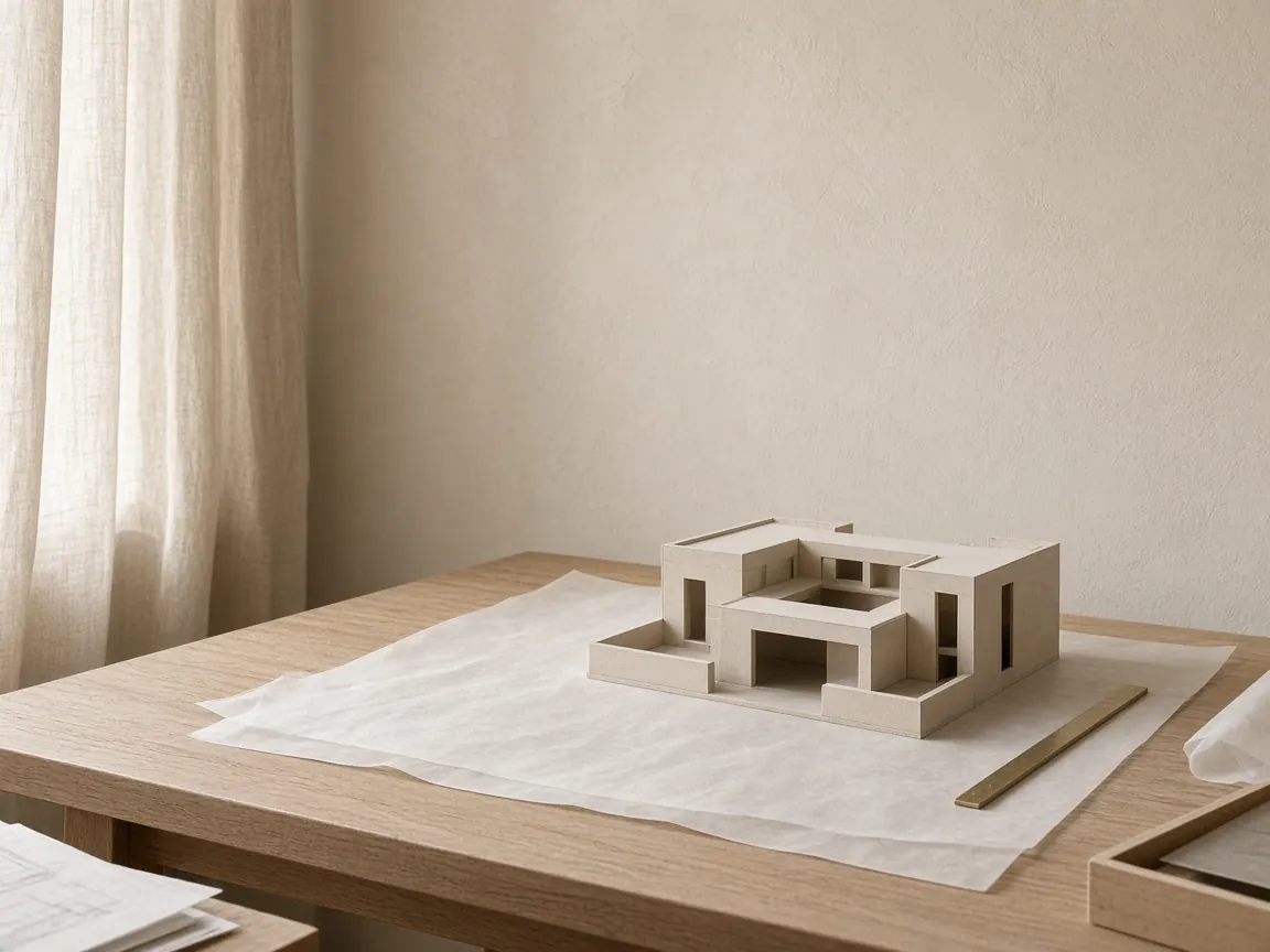 Studio study of a basswood model of a courtyard house on tracing paper.