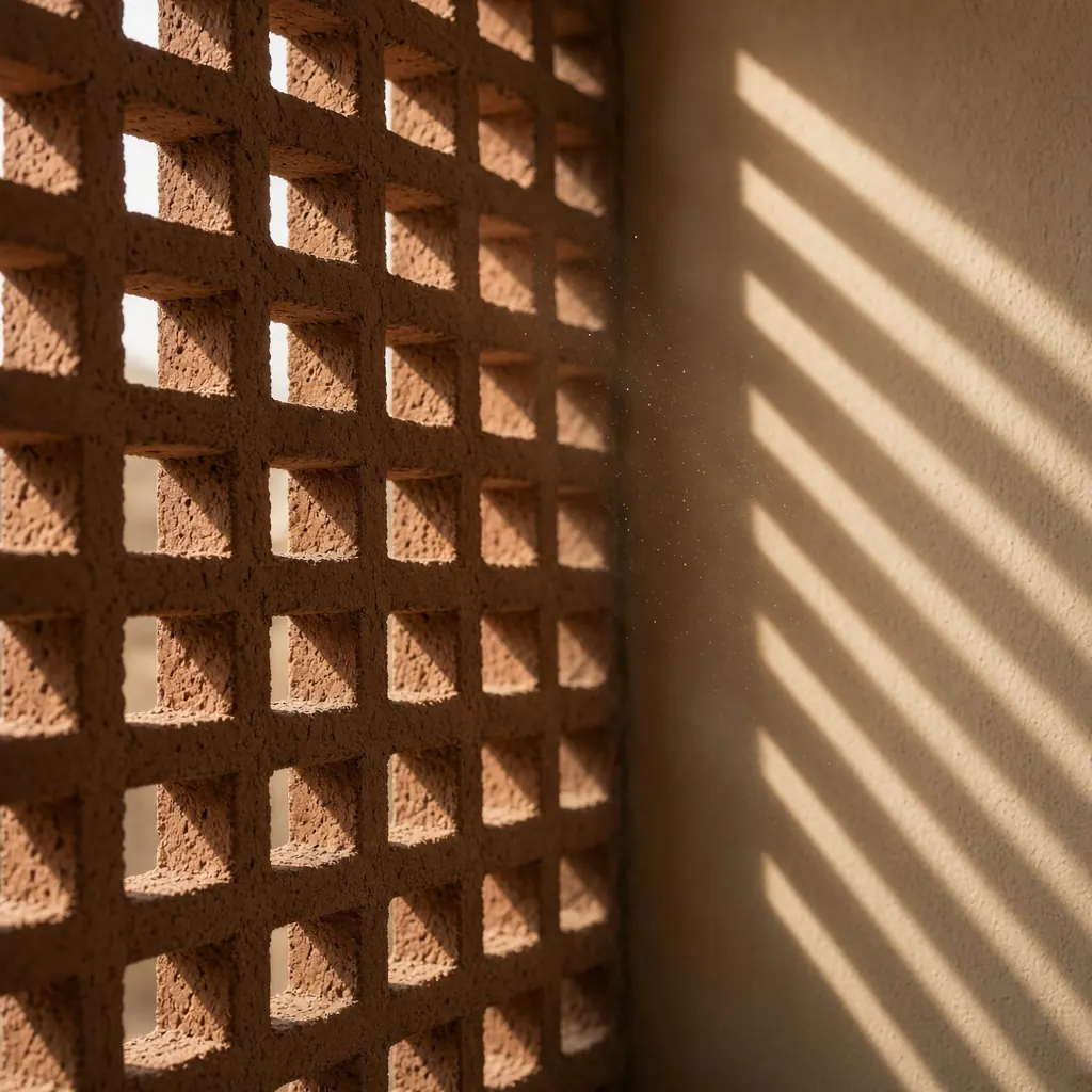 Close studio study of a brick jali screen casting striped light on plaster.