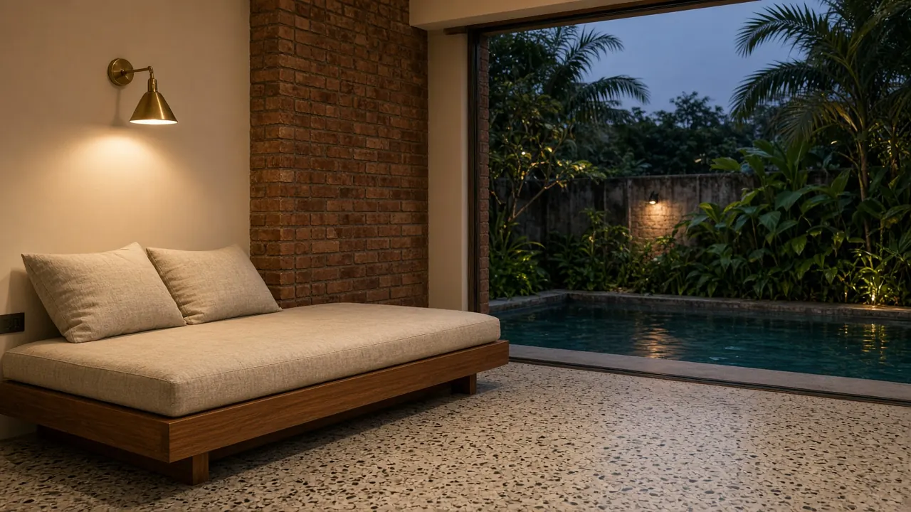 Studio study of a quiet living room opening onto a planted court and pool at dusk.