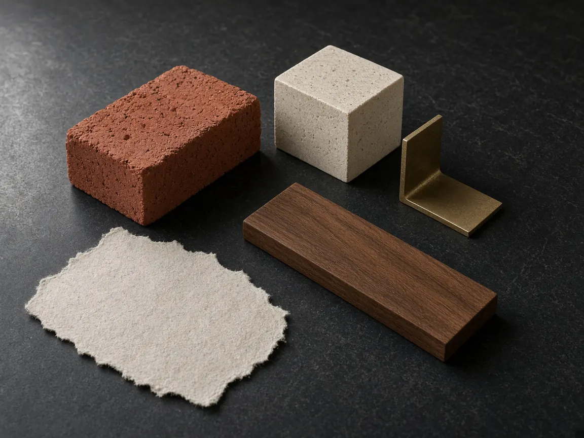 Still life of brick, limestone, brass, teak, and handmade paper.