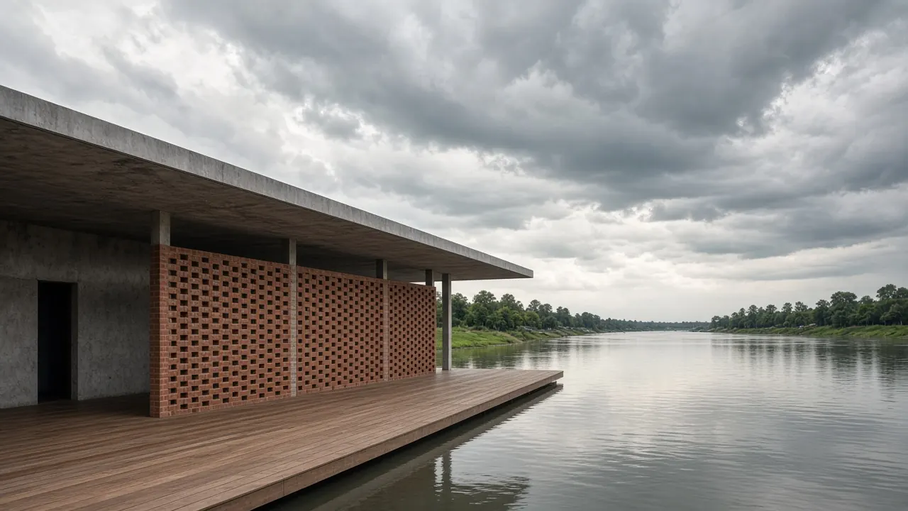 Studio study of a long riverside pavilion with a brick screen and a timber deck.