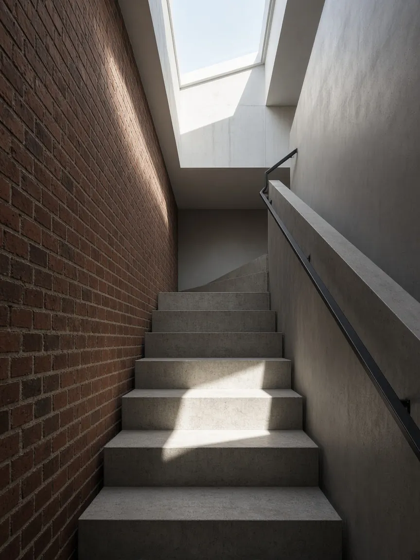 Studio study of a narrow stair between a brick wall and smooth concrete, lit from a skylight.